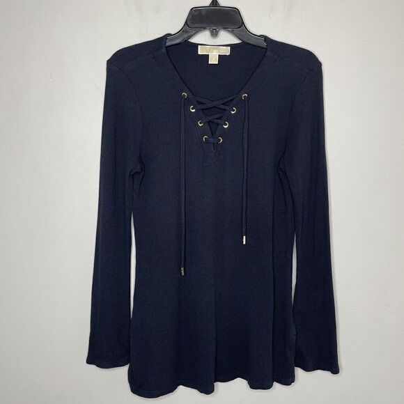 MICHAEL KORS Top Womens Small Navy Blue Waffle Knit Pullover Corset Tie Neck - Picture 1 of 11